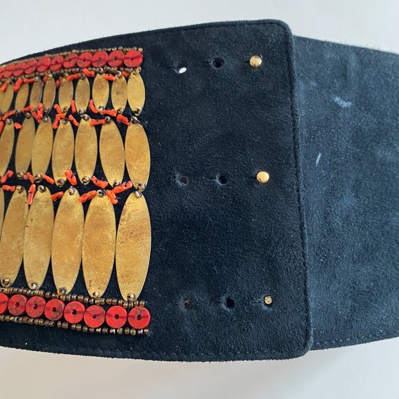 Vintage Oscar De La Renta Couture Beaded Embroidered Leather Wide Belt Gold main image 4